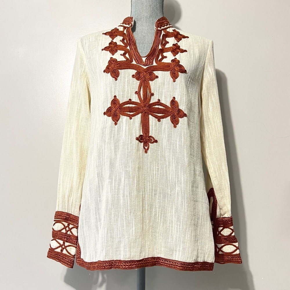 Lucky Brand Western Boho Embroidered Cream Long Sleeve Top Size Small